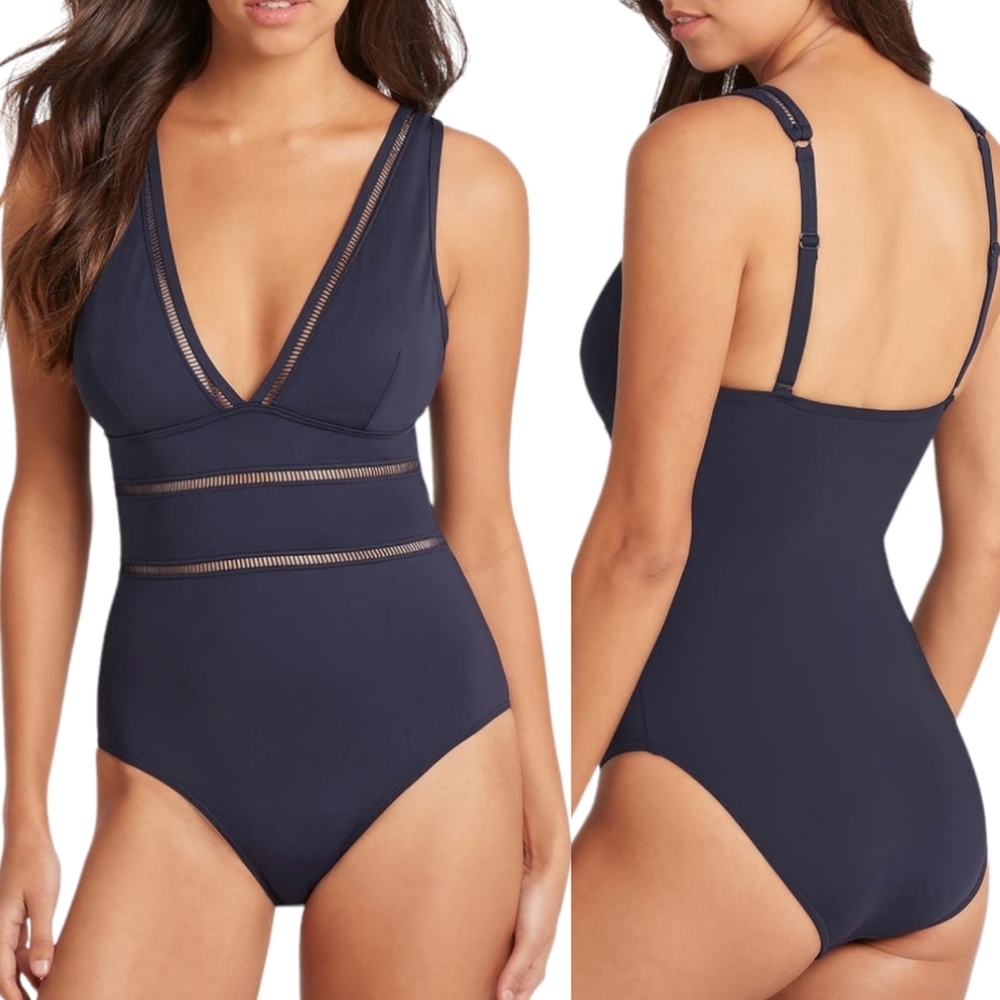 Blue Mesh Insert One Piece Swimsuit
